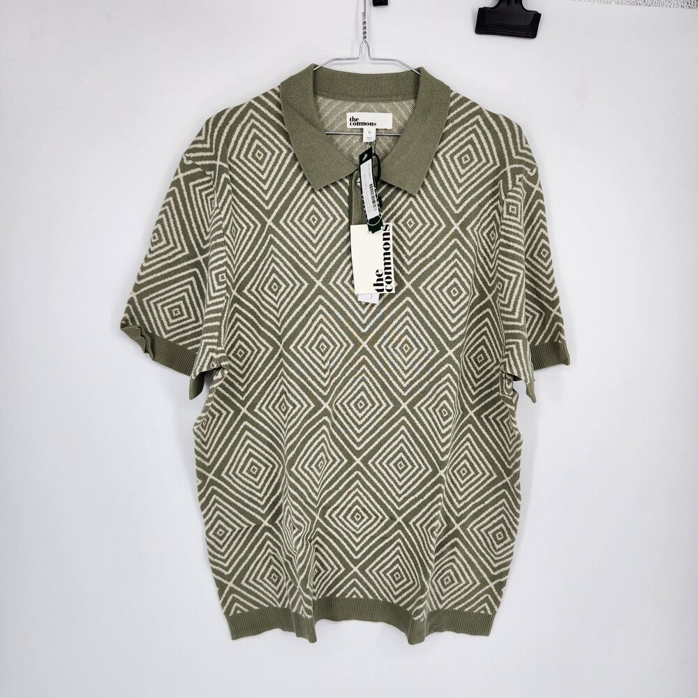 The Commons Men's Green 100% Cotton Geo Sweater Polo NWT